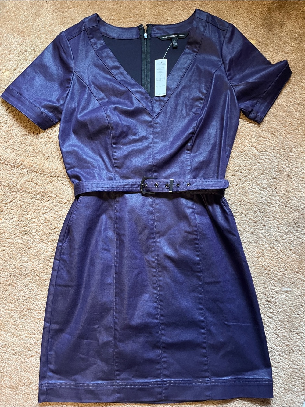 White House Black Market Deep Amethyst coated Belted V-Neck Mini Dress